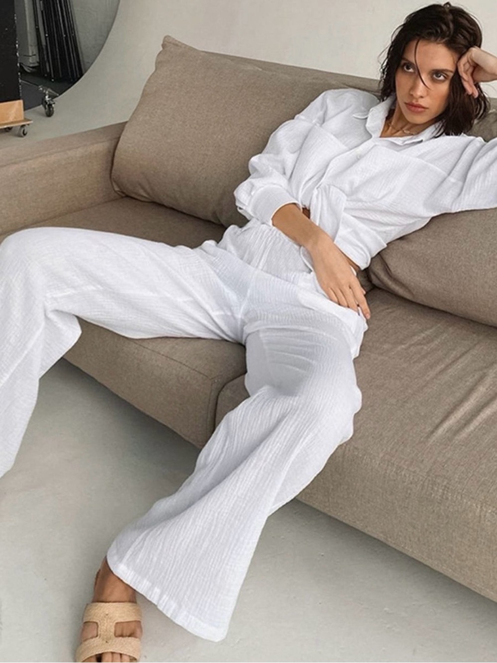 Commense White Wide-Leg Cotton-Blend Pants - Picture 2 of 4